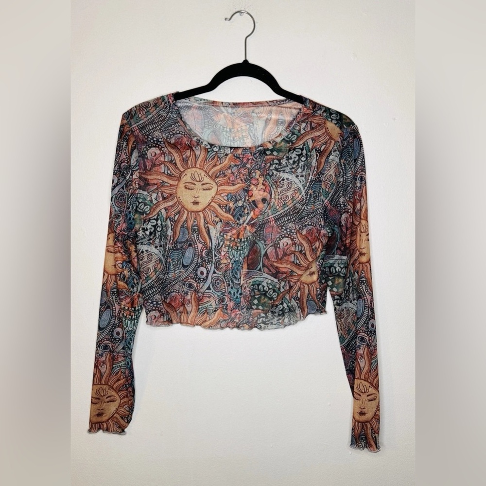 Sun and Moon Patterned Women's Hippy Boho Sheer Long Sleeve Crop Size L